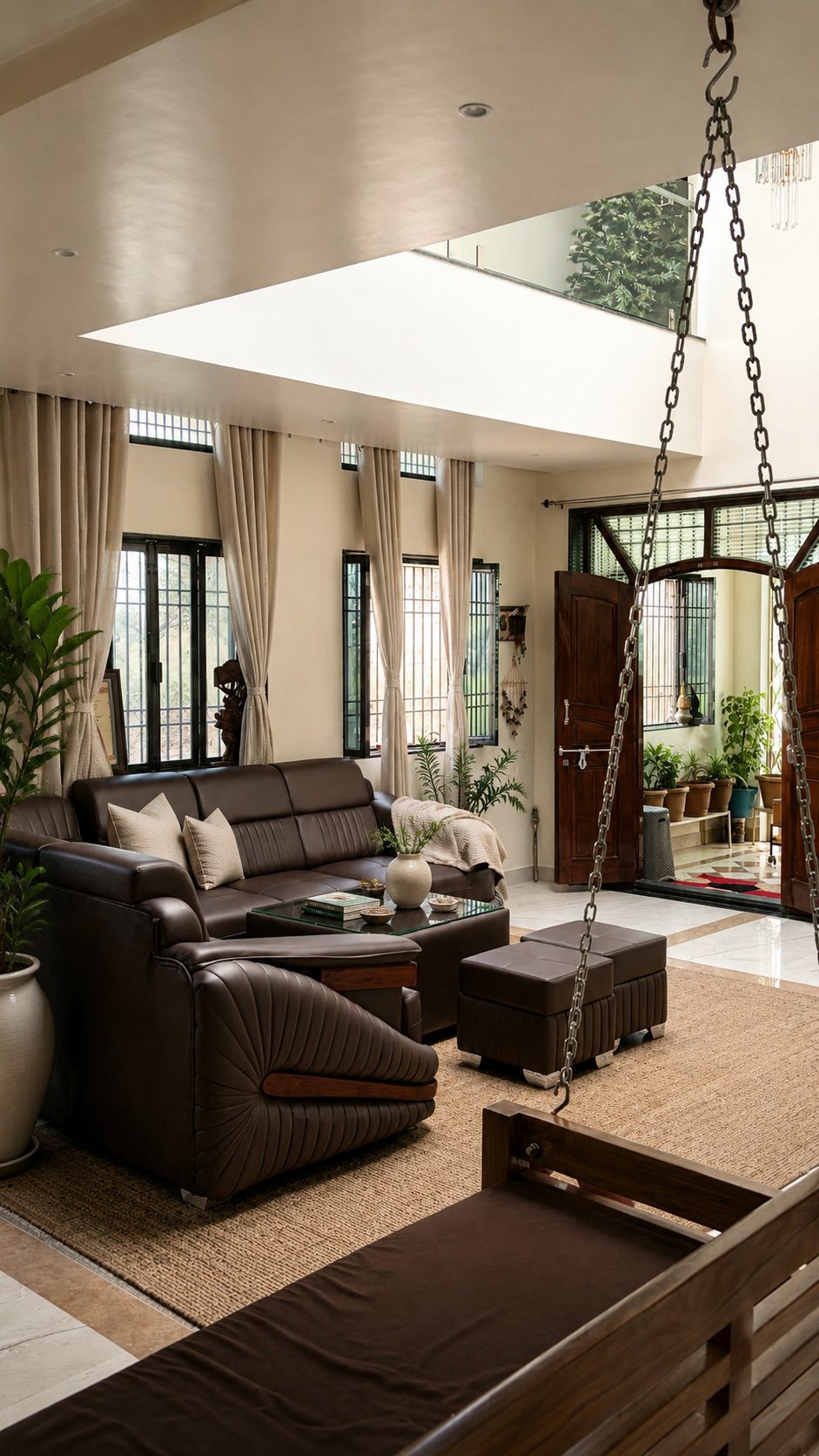 The living room seen from the entrance, with the swing and the upper-level opening above