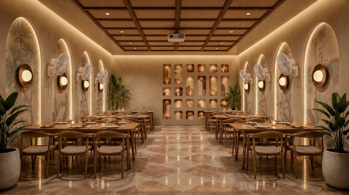 Rear hall of the Dongargaon restaurant and café, interior render