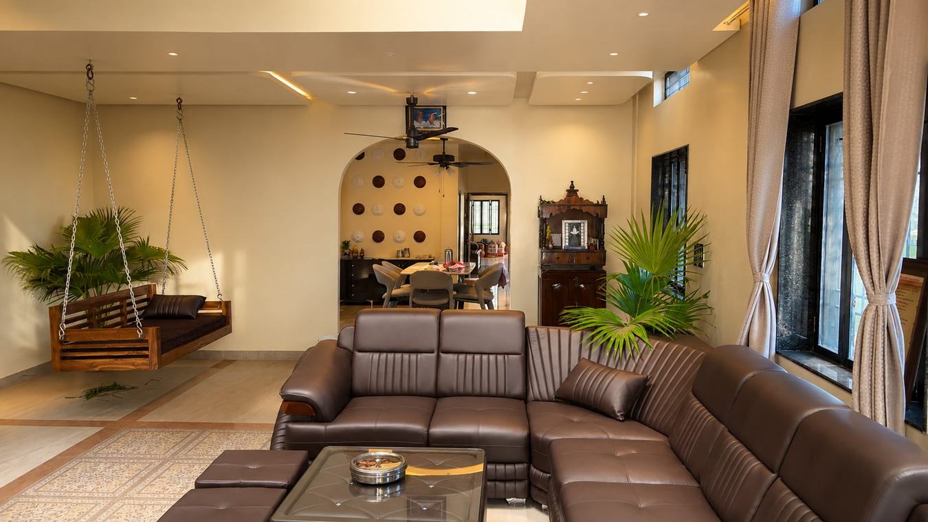 Living room at Shubhasheesh, looking through the arch to the dining area